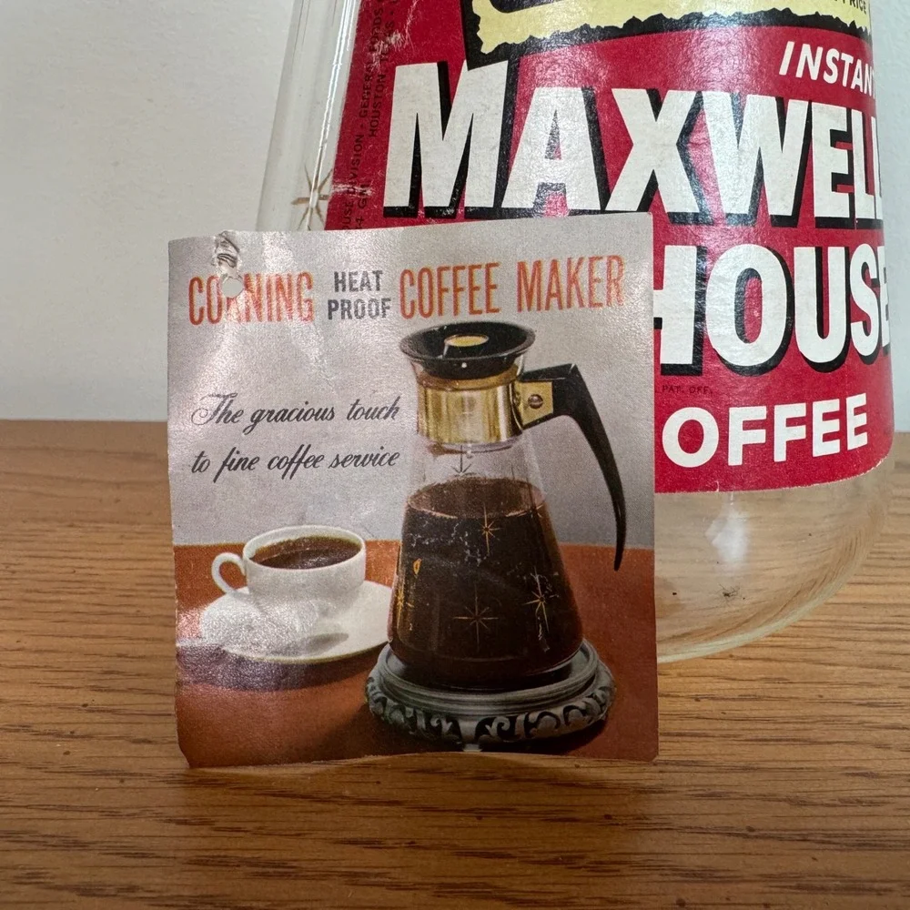 Vintage Maxwell House Corning Glass Coffee Carafe Atomic Gold Starburst MCM 10oz